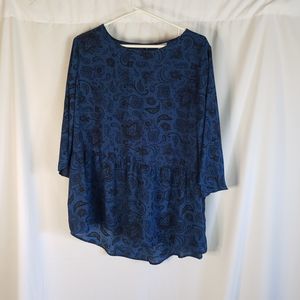 Faded Glory blue/black Peplum Blouse Womans XL Bell Sleeves HiLo hem